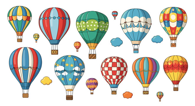 Colorful hot air balloons floating in clear sky with festive patterns and designs