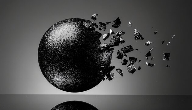A large black sphere shatters into pieces on a reflective surface.