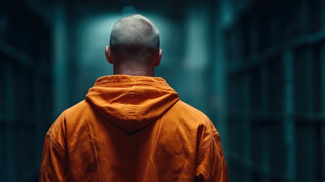 A prisoner wearing an orange prisoner's coat is walking into the prison.