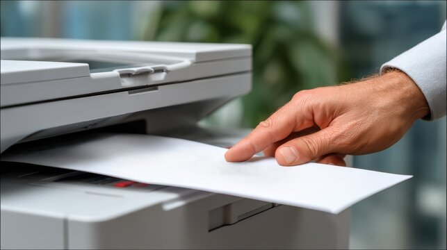 A young office worker is using a photocopier in the office.