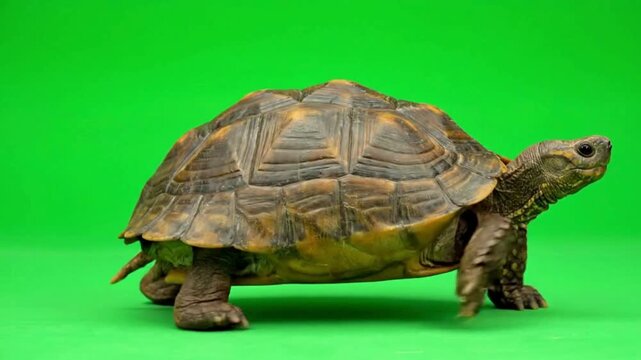A brown tortoise captured in a studio setting with a vibrant green background ideal for wildlife nature or educational content