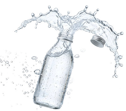 Blank glass water bottle with aluminum cap flying off and dramatic water explosion splash, condensation droplets, dynamic hydration concept isolated on transparent background for beverage branding