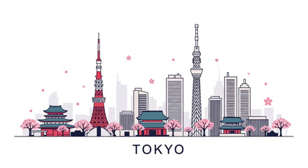 Obraz premium Tokyo Skyline Illustration with Cherry Blossoms and Famous Landmarks