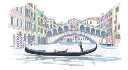 Venice Canal Gondola Ride Rialto Bridge Pastel Buildings Illustration © Gembala