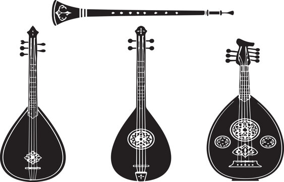 Silhouette Set of Middle Eastern Musical Instruments like Oud Lute and Flute Vector Icons for Ethnic Music Branding, Cultural Events, and Traditional Arabic Folk Art Design Projects.