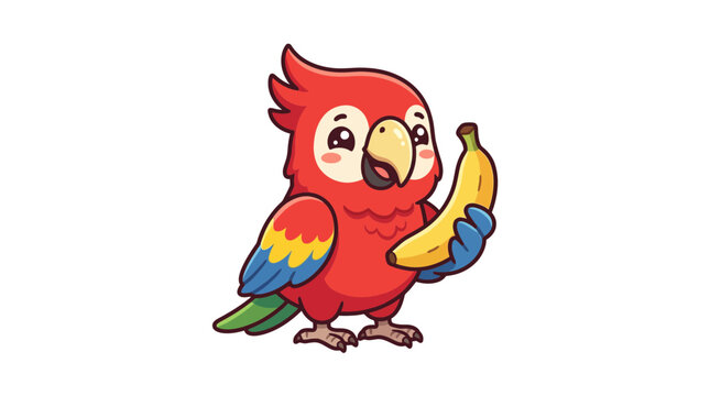 Cute cartoon parrot holding a banana, isolated on white background