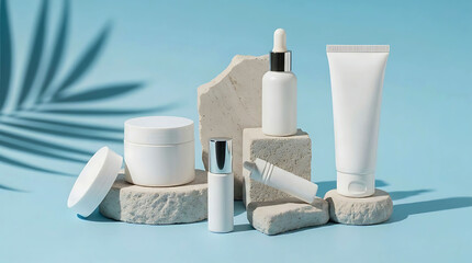 Naklejka premium Cosmetic packaging mockup set on stone podium with palm leaf shadow and blue