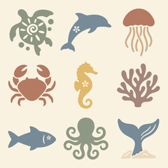 Fototapeta premium Sea creatures icons set illustration.