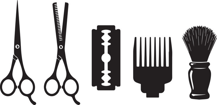 Professional Barber and Hairdressing Tools Silhouette Collection - Featuring Hair Scissors, Thinning Shears, Safety Razor Blade, Clipper Comb Guard, and Shaving Brush Icons in Vector Format.