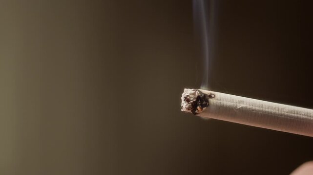 Macro shot of burning cigarette with glowing ash on tip and smoke billowing up against blurred background, copy space