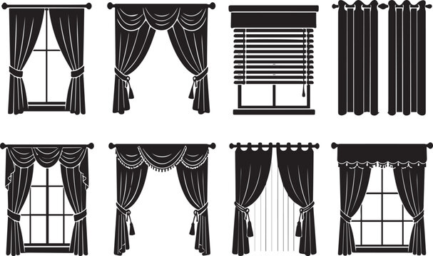 Vector Set of Elegant Curtain Silhouettes and Window Treatment Icons for Interior Design, Home Decor, and Architecture Projects Including Drapes, Blinds, Valances, and Swags