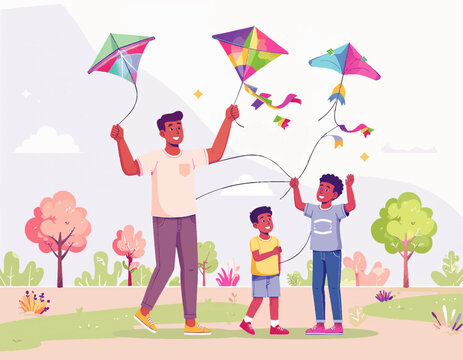 Happy Father and Sons Flying Kites in a Park on a Sunny Day