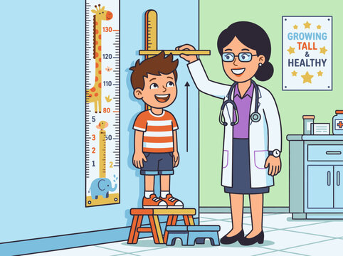 Cute Vector Cartoon Illustration of Happy boy measuring height against wall chart at medical clinic