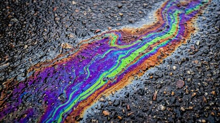 Obraz premium An oil spill on wet ground forms a colorful rainbow pattern. The sunlight reflects off the surface, creating a vibrant visual effect.