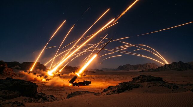 Ballistic missile barrage over dark desert landscape, fire trails crossing the night sky, geopolitical conflict escalation, cinematic lighting