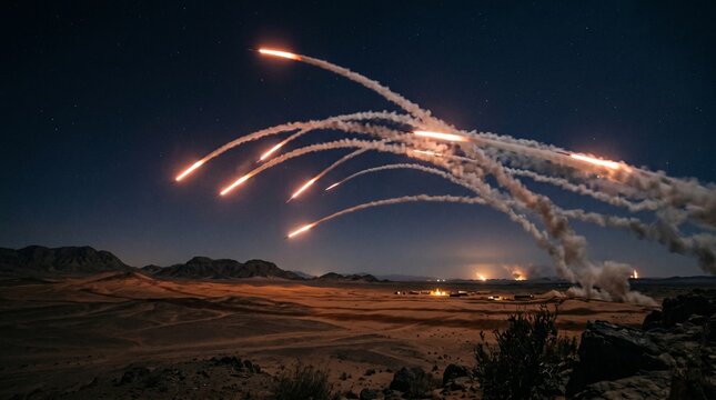 Ballistic missile barrage over dark desert landscape, fire trails crossing the night sky, geopolitical conflict escalation, cinematic lighting