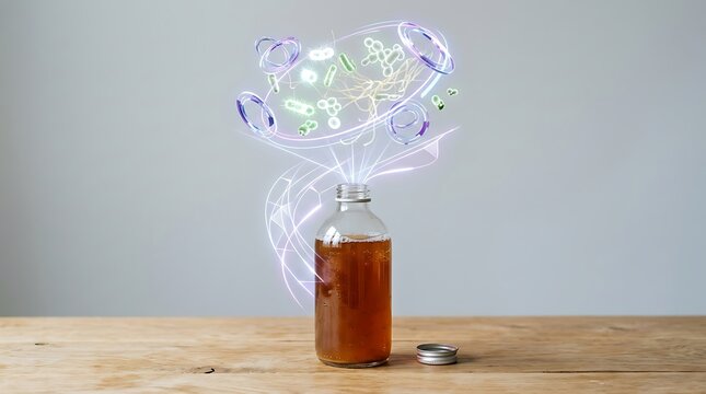 Dramatic shot of clear glass kombucha bottle on wooden desk with a 3D hologram of active probiotic cultures and yeast strands.