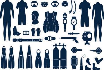 Professional Scuba Diving and Snorkeling Equipment Vector Silhouette Set Featuring Wetsuits, Masks, Fins, Oxygen Tanks, Dive Watches, and Underwater Gear for Marine Sports Design Projects. © Sadek