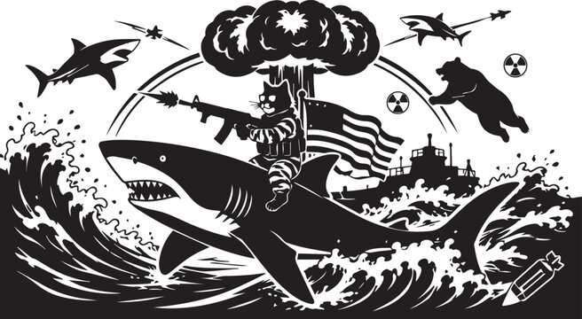 Epic Vector Illustration of a Tactical Cat Riding a Great White Shark with an Assault Rifle, American Flag, Nuclear Explosion, Bear, and Warship in a Chaotic and Surreal Battle Scene.