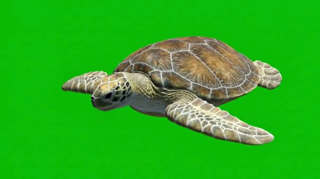 A majestic green sea turtle swimming gracefully isolated on a vibrant green screen background ideal for compositing educational content or marine life projects