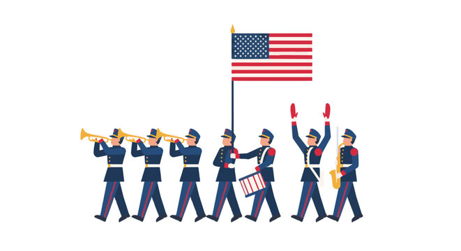 Group of uniformed marchers perform a patriotic parade led by a flag bearer as drums march in rhythm and the crowd watches a coordinated display of discipline and pride