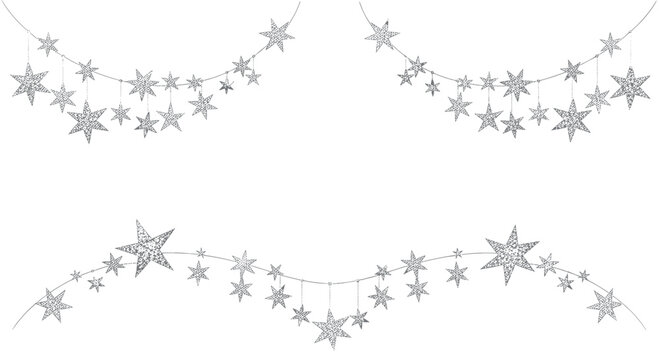 Three elegant silver glitter star garlands and buntings with hanging stars isolated on a white background for festive holiday decoration.