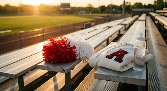 Red and white pom-poms with a folded white letterman jacket and water bottle on bleachers at sunset, empty football stadium view