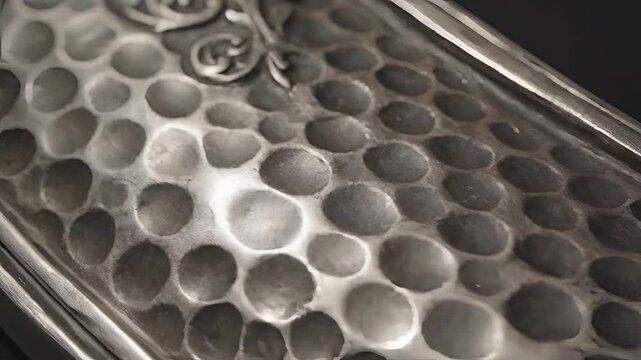 Closeup of hammered metal texture with ornate detail.