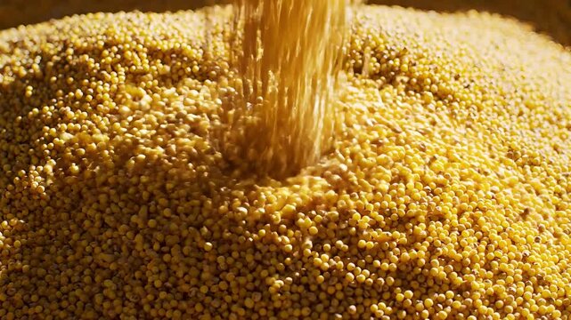 Closeup of golden grains being poured into a large pile.