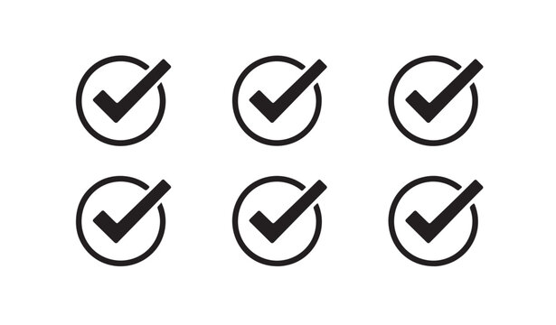 Collection of check mark icons inside circles on a transparent background for design.