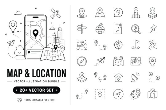 Map and location icon set, 20+ vector line icons for GPS navigation and logistics, mobile phone tracking and travel destination markers