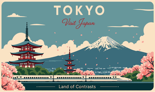 Tokyo Japan Vintage Travel Poster Vector Illustration Featuring Mount Fuji Cherry Blossoms Shinkansen Bullet Train and Traditional Pagoda Landmark in Retro Art Style Land of Contrasts