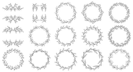 Fototapeta premium Large collection of delicate hand drawn botanical wreaths, laurels, and dividers in black linear style on a white background for wedding design.