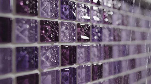 Closeup of shimmering purple mosaic tiles on a wall.