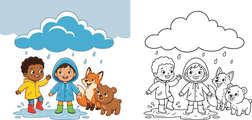 Fototapeta premium garden, dog in the park, a set of funny cartoon dogs, coloring book clip art, line art, drawn, hand drawn, rain, rainbow, cute cloud.