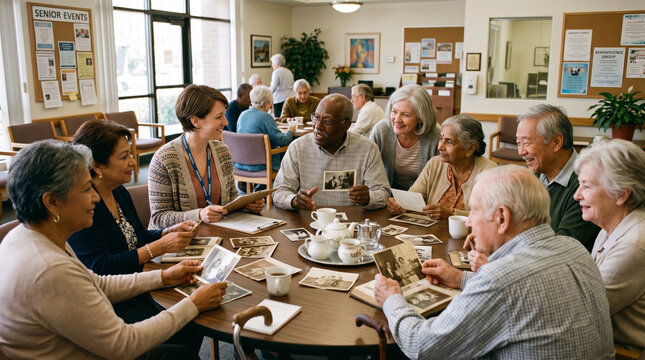 Seniors participate in a card game and discussion around a table