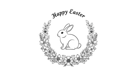 Obraz premium Simple black and white line art illustration of a rabbit sitting inside a floral wreath with Happy Easter text.