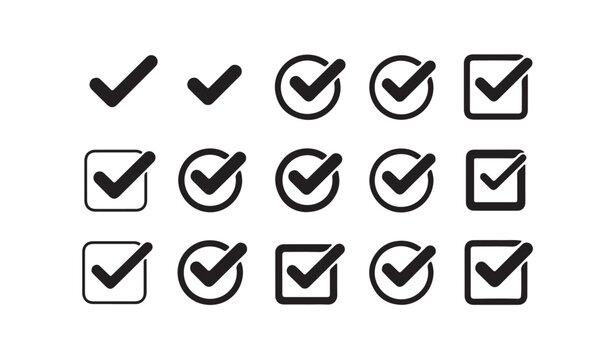 Vector checkmark collection featuring multiple line weights and frames for document editing.