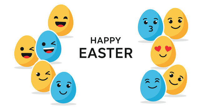 Playful Happy Easter greeting with colorful egg emojis showing various funny faces and emotions on white background.
