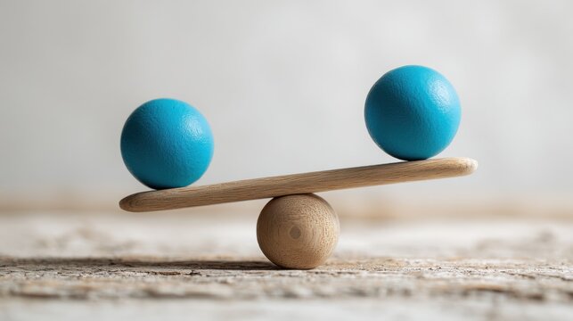 Wooden balance scale with two blue balls on a wooden seesaw against a neutral background