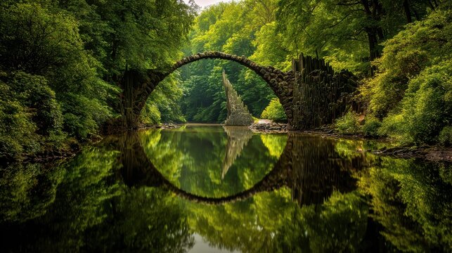 Rakotzbr&uuml;cke (Devil's Bridge) forming a perfect circular reflection in a tranquil lush forest.