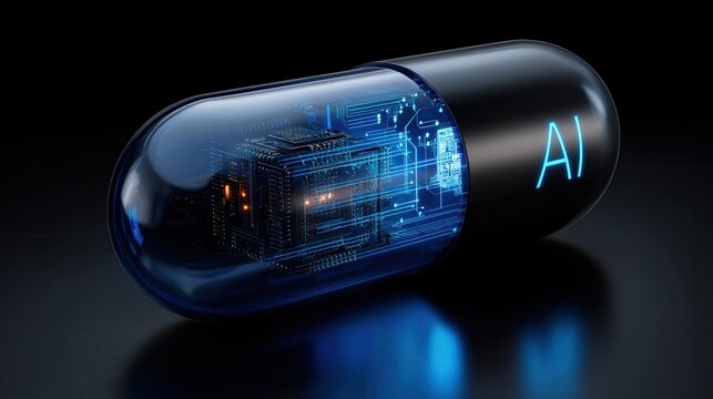 Futuristic AI pill with glowing blue circuitry and microchip representing digital medicine and healthcare technology innovation