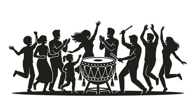 Group silhouette dancing around traditional drum celebration.