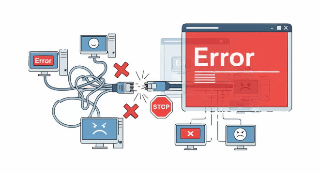 Concept of network connection failure, system error, and server disconnection illustrated with stylized computer icons and broken cables.