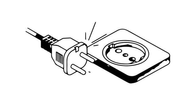 A clean, black and white isometric vector illustration showing a classic Type F (Schuko) power plug being inserted into a matching wall outlet. 