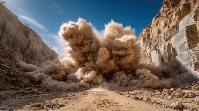 Massive Controlled Explosion with Large Dust Cloud in a Rock Quarry