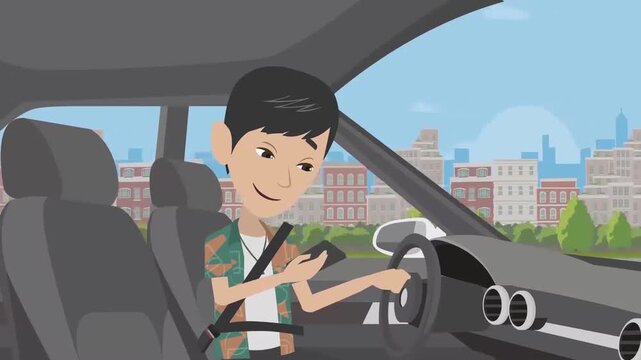 Distracted Young Man Texting on Smartphone While Driving Car in City Street Road Safety Concept 2D Animation