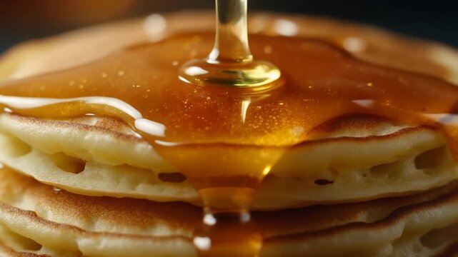 Syrup is poured over a stack of pancakes on a plate indoors.