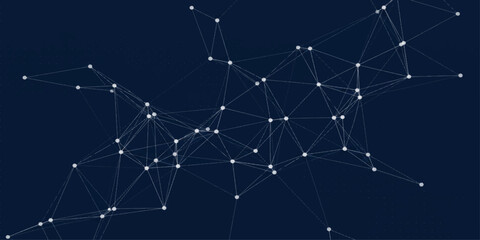 Dark navy abstract background with white solid dots connected by thin lines forming full frame plexus polygon mesh on subtle dotted grid for technology design use © MDShahidulIslam