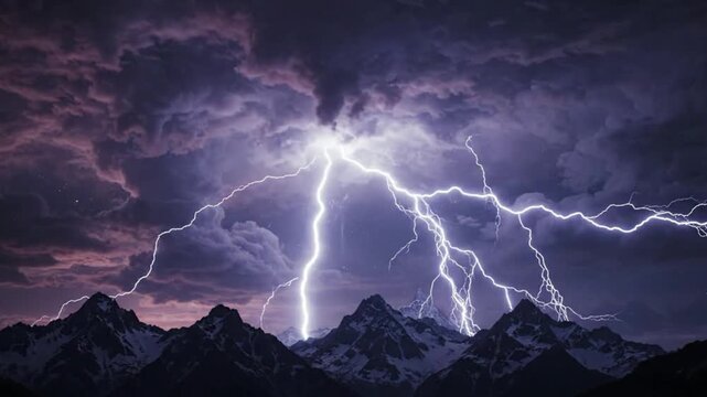Violent Lightning Storm Over Snowy Mountains, Dramatic Sky, Natural Power